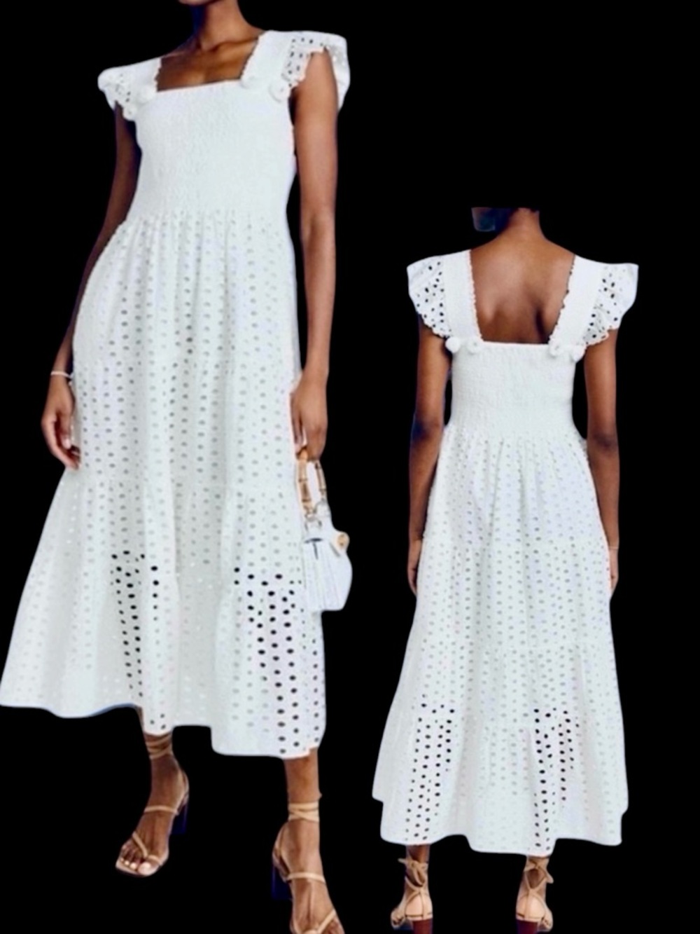 ANTHROPOLOGIE + FIGUE Madi Smocked Embroidered Eyelet Lace Maxi Dress w PomPoms